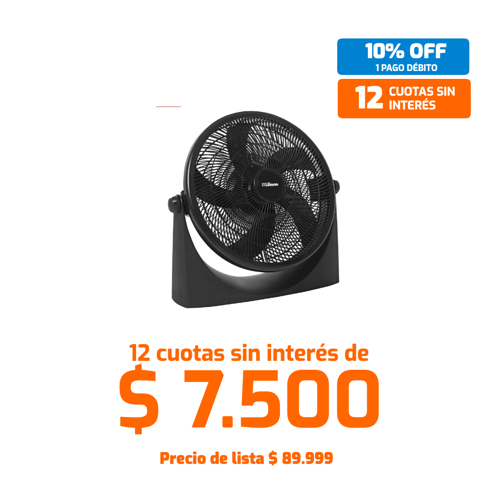 Turbo Ventilador Liliana 20″ (modelo VTF-20P) – potente ventilador de piso con 5 aspas negras y 3 velocidades, ideal para refrescar ambientes medianos con gran caudal de aire y funcionamiento silencioso. Su cabezal reclinable y base antideslizante ofrecen versatilidad y estabilidad para uso en casa u oficina.