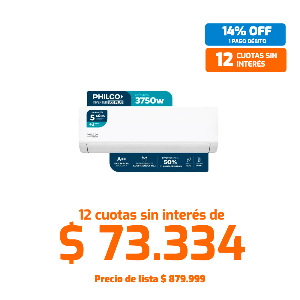Aire acondicionado Split Inverter frío/calor de 3750W. Máximo confort todo el año con mayor eficiencia energética, funcionamiento silencioso y ahorro en el consumo eléctrico. Ideal para climatizar ambientes medianos.