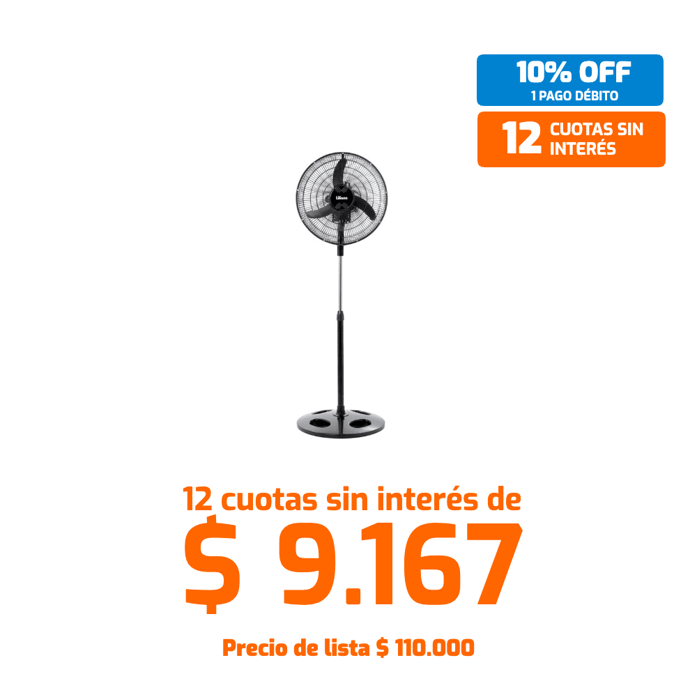 Ventilador de Pie 20″ Liliana con parrilla metálica negra y sistema orbital que distribuye el aire de forma suave y uniforme. Cuenta con 3 velocidades, barral telescópico metálico ajustable y diseño súper silencioso, ideal para climatizar tu hogar con confort y eficiencia.