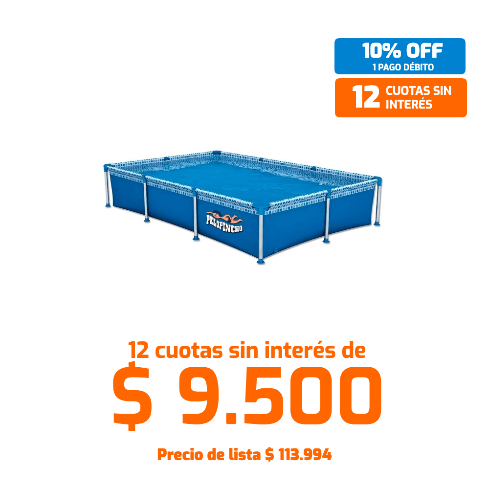 Pileta De Lona 1500 Litros Pelopincho 1030 – Pileta estructural rectangular ideal para disfrutar del verano en familia con capacidad de 1500 L, medidas de 2,40 m x 1,55 m x 0,40 m y estructura metálica inoxidable con esquineros de PVC reforzados para mayor estabilidad y durabilidad. Incluye kit de reparación y válvula de desagüe para facilitar el vaciado.