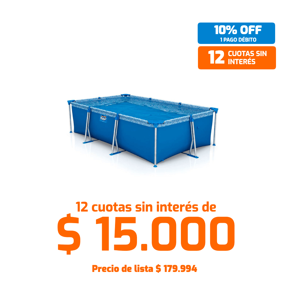 Pileta pelopincho 1043 2800 L – pileta de lona rectangular con 2.800 litros de capacidad, estructura metálica inoxidable y esquineros de PVC reforzados. Sus 2,70 m x 1,60 m x 0,65 m la hacen ideal para disfrutar del verano en familia en jardín o patio con comodidad y diversión bajo el sol.