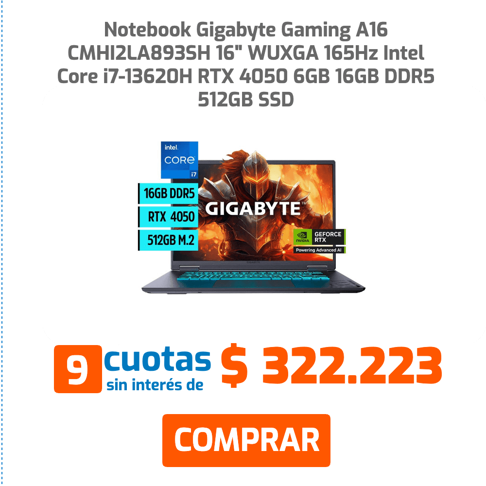 Notebook Gigabyte Gaming A16 CMHI2LA893SH 16" WUXGA 165Hz Intel Core i7-13620H RTX 4050 6GB 16GB DDR5 512GB SSD 16GB DDR5 RTX 4050 512GB M.2 9 cuotas sin interés de $322.223 COMPRAR
