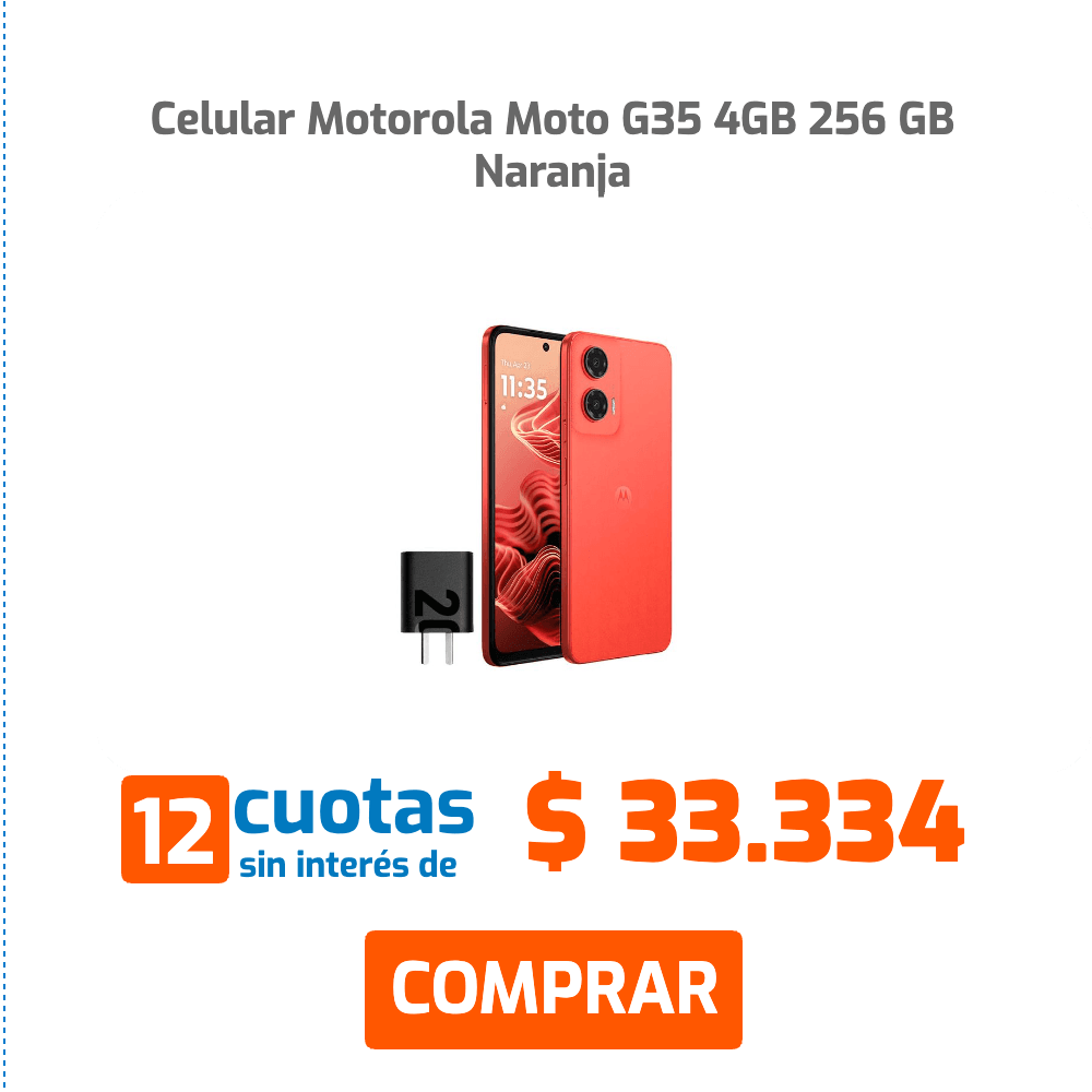 Celular Motorola Moto G35 4GB 256 GB Naranja12 cuotas sin interés de $ 33.334COMPRAR