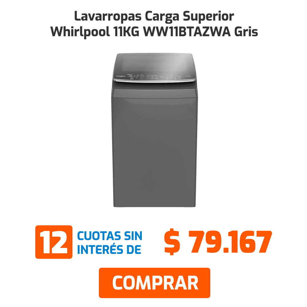 Lavarropas Carga Superior Whirlpool 11KG WW11BTAZWA Gris 12 CUOTAS SIN INTERÉS DE $79.167 COMPRAR