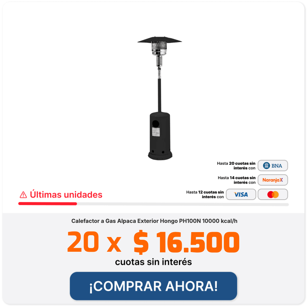 Calefactor a Gas Alpaca Exterior Hongo PH100N 10000 kcal/h 12 CUOTAS SIN INTERÉS DE $ 27.500 COMPRAR