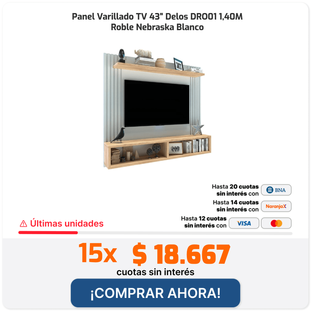 Panel Varillado TV 43” Delos DRO01 1,40M Roble Nebraska Blanco Últimas unidades 15x $18.667 cuotas sin interés ¡COMPRAR AHORA! Hasta 20 cuotas sin interés con BNA Hasta 14 cuotas sin interés con Naranja X Hasta 12 cuotas sin interés con VISA