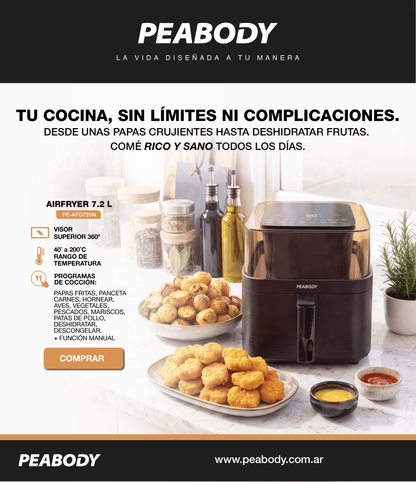 PEABODY TU COCINA, SIN LÍMITES NI COMPLICACIONES. DESDE UNAS PAPAS CRUJIENTES HASTA DESHIDRATAR FRUTAS. COMÉ RICO Y SANO TODOS LOS DÍAS. AIRFRYER 7.2 L PE-AFD720N VISOR SUPERIOR 360° 40° a 200°C RANGO DE TEMPERATURA PROGRAMAS DE COCCIÓN: PAPAS FRITAS, PANCETA, CARNES, HORNEAR, AVES, VEGETALES, PESCADOS, MARISCOS, PATAS DE POLLO, DESHIDRATAR, DESCONGELAR. + FUNCIÓN MANUAL COMPRAR www.peabody.com.ar
