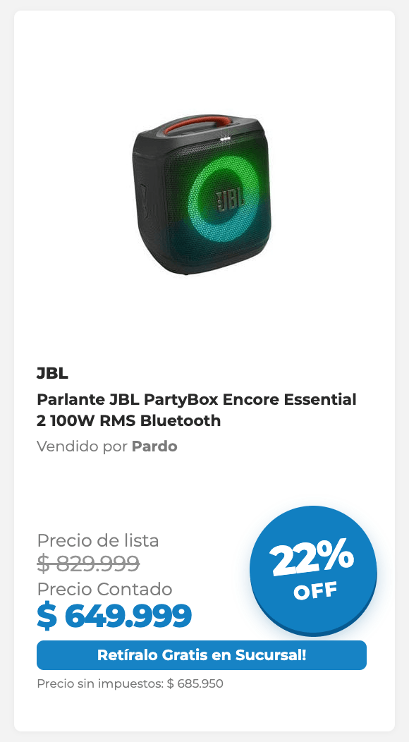JBL Parlante JBL PartyBox Encore Essential 2 100W RMS Bluetooth Vendido por Pardo Precio de lista $ 829.999 Precio Contado $ 649.999 22% OFF 9 x $ 92.223 fijas Retíralo Gratis en Sucursal! Precio sin impuestos: $ 685.950