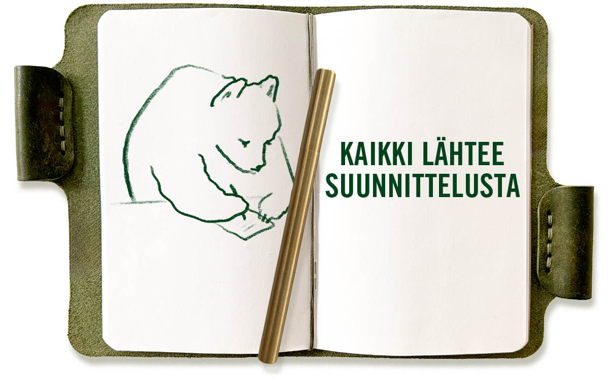 Retkivihkon aukeama, jossa piirros karhusta piirtämässä paperille. Oikealla lehdellä otsikko: Kaikki lähtee suunnittelusta. Retkivihkon päällä on kynä.