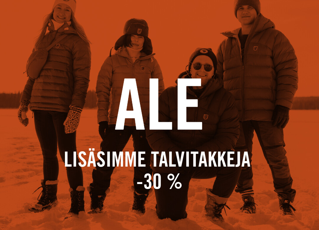 "Ale, lisäsimme talvitakkeja -30 %" teksti. Taustalla hymyileviä ihmisiä