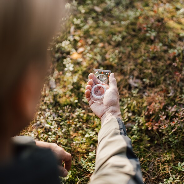 Käsi pitelemässä kompassia. Taustalla metsävarvikkoa.