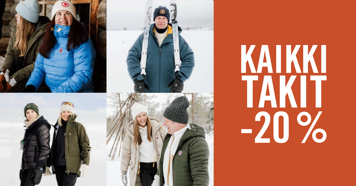 GIF-video, jossa on vaihtuvia kuvia talvtakeista. Lisäksi videossa lukee kaikki takit -20 %.