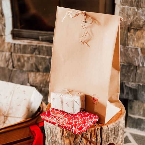 Partioaitan joululahjapaketti puupölkyn päällä