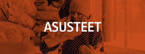 Asusteet teksti punaisella pohjalla