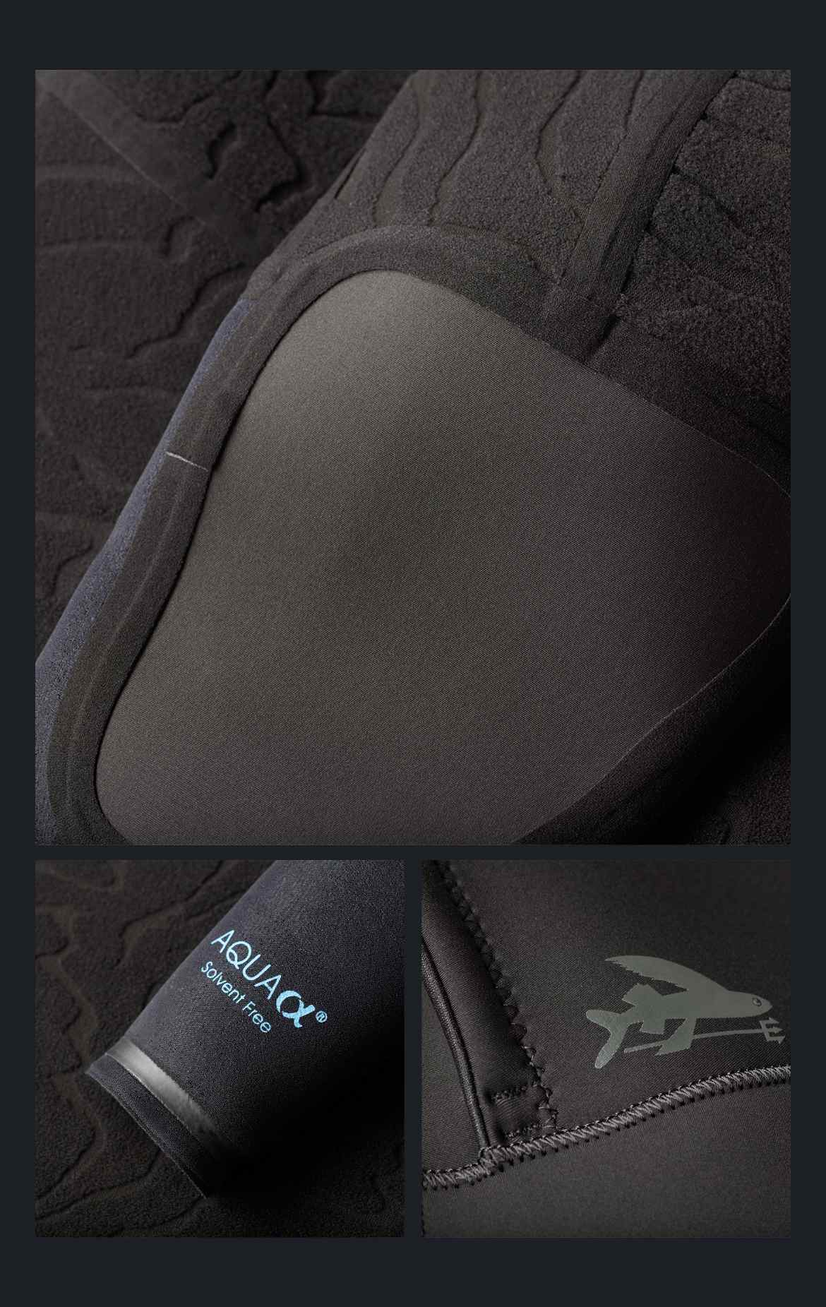 Detail photos of knee pad, cuff gasket and Patagonia flying fish logo.