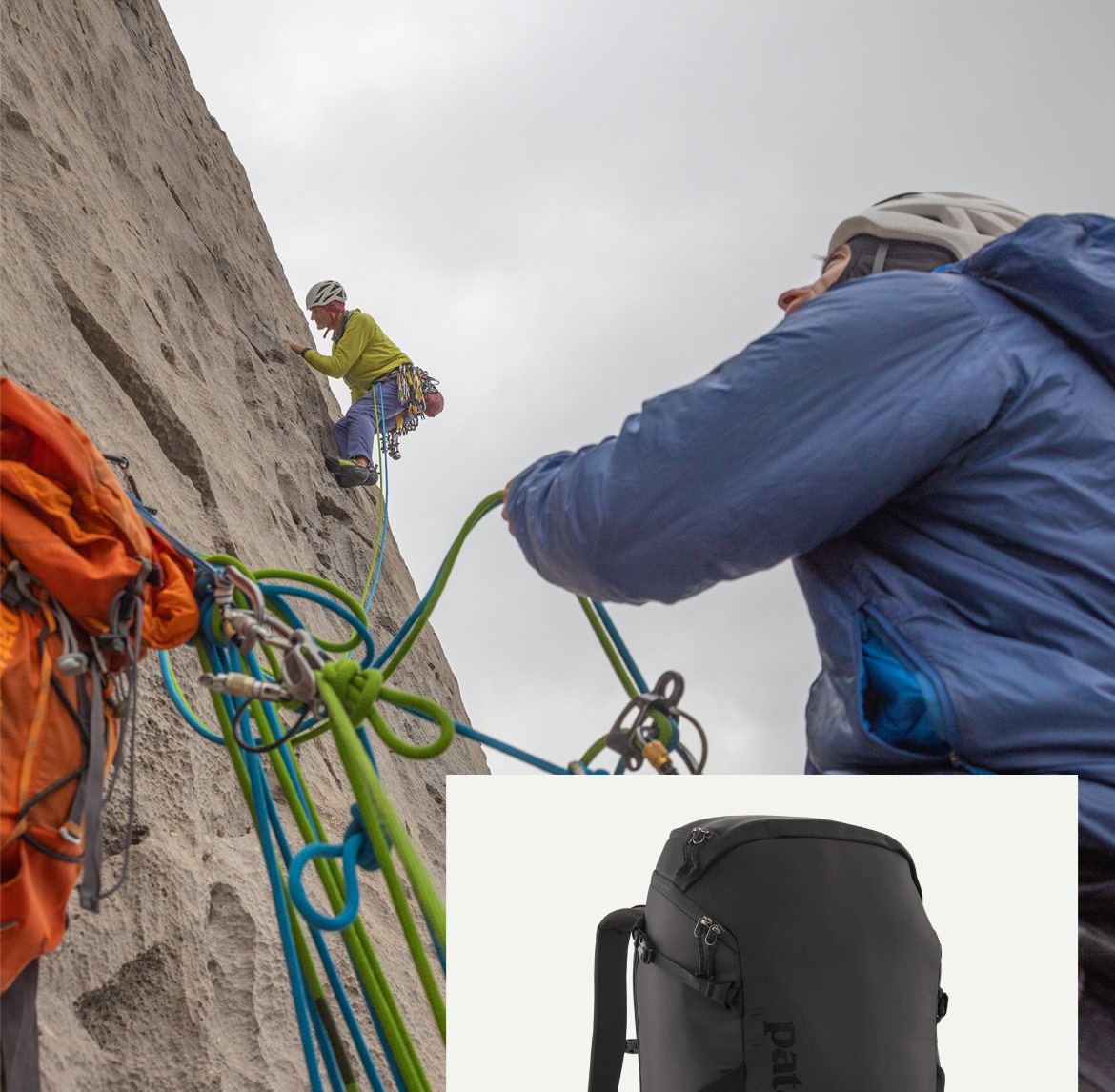 Two climbers: one on lead, one on belay.