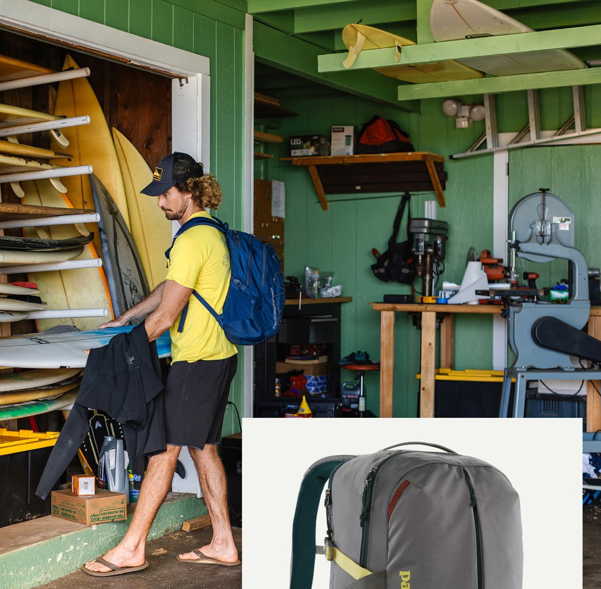A surfer grabs their board off the rack. 