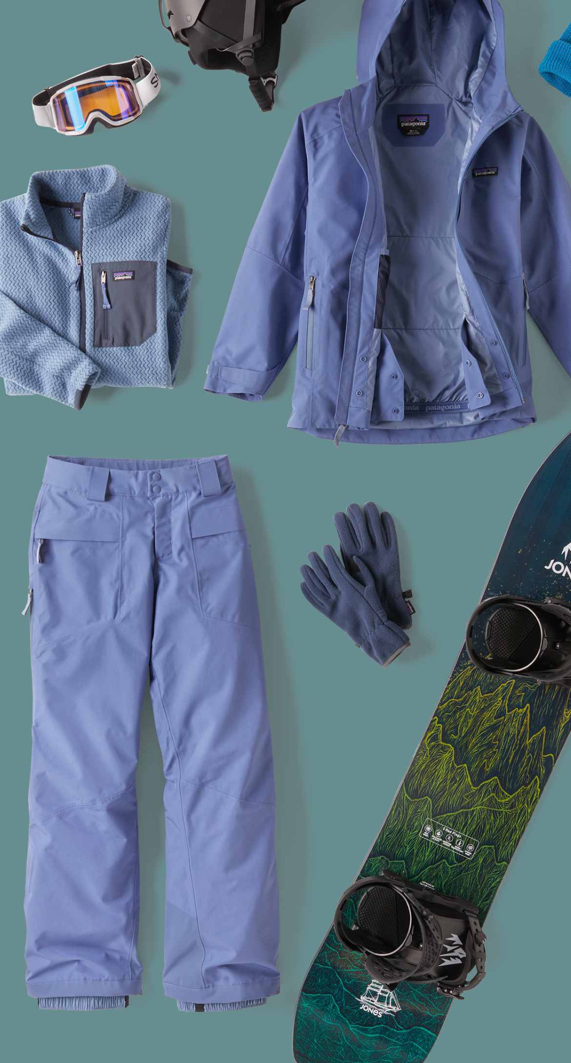 An assortment of kids’ snow clothing and gear.