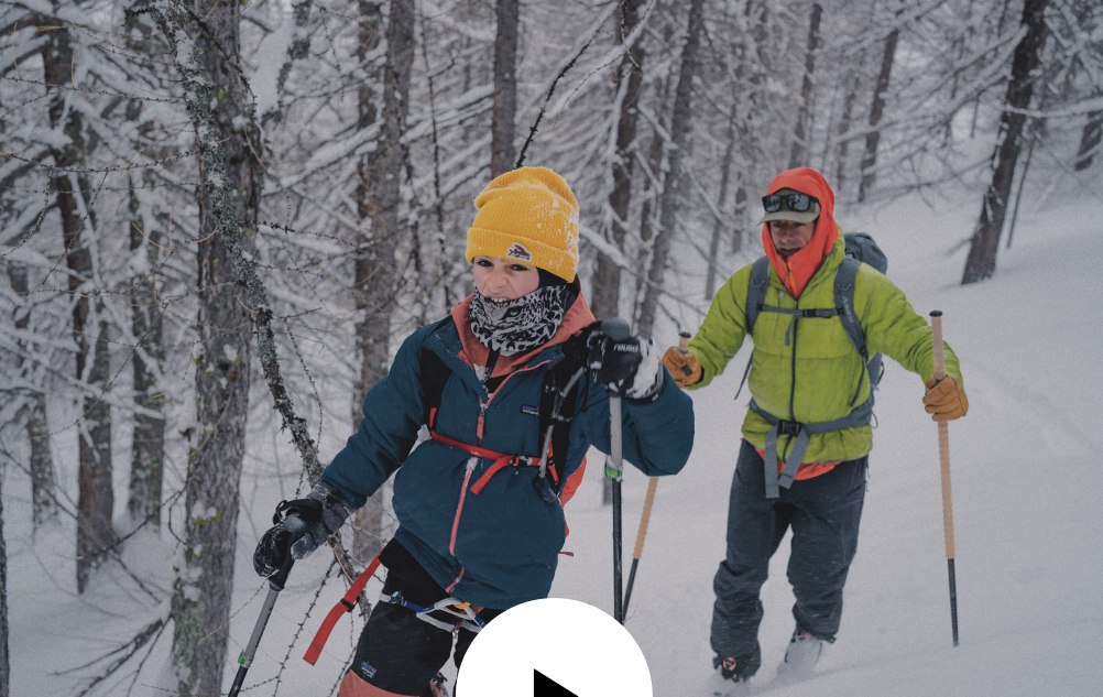 A skier makes curving turns in the snow beside the zig-zag of a skintrack.