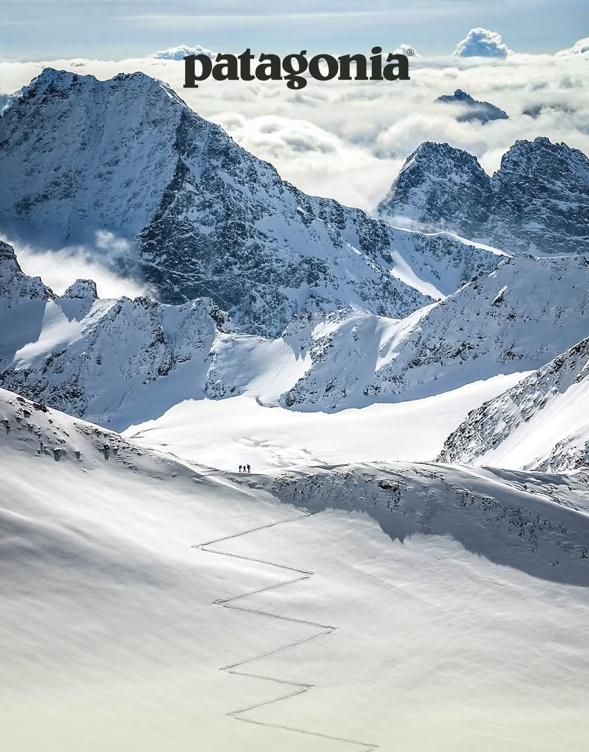 Patagonia. Aerial view of a zigzagging skintrack.
