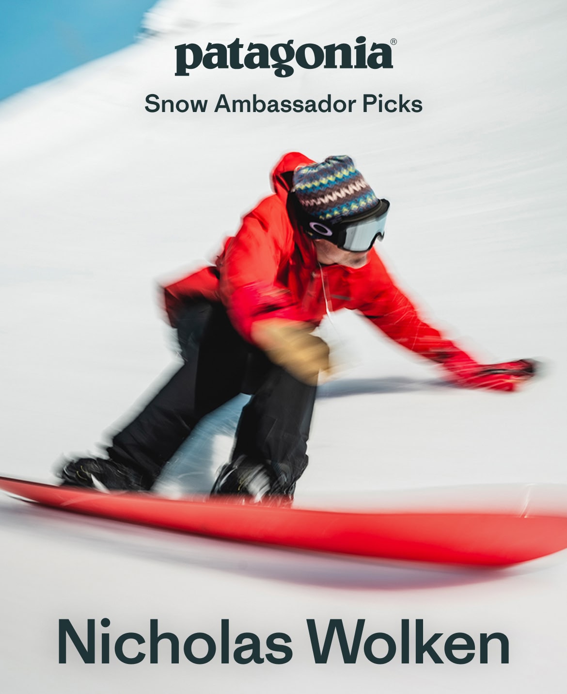 Patagonia. Snow Ambassador Picks. Nicholas Wolken. A person carves on a snowboard.