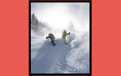 The Patagonia Snow Tour. Multiple images of people snowboarding and hanging out in the mountains.