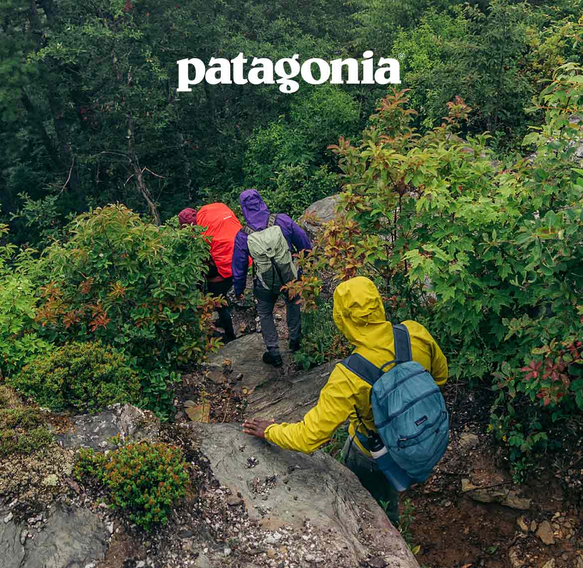 Patagonia. Three people hike downhill in rain jackets.