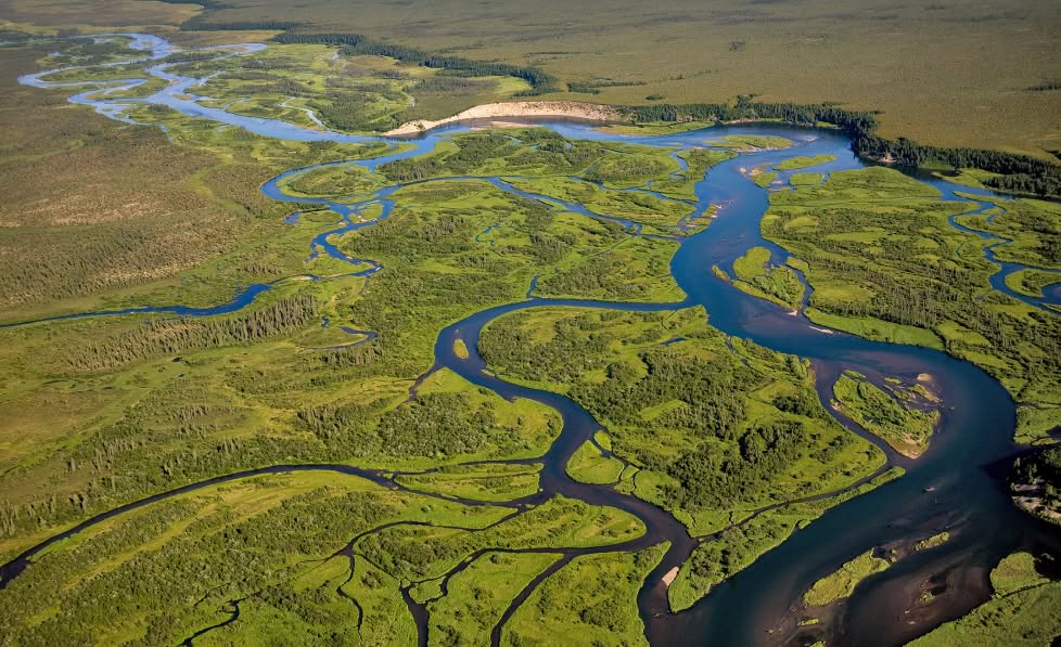 A river weaves its way into a bay..