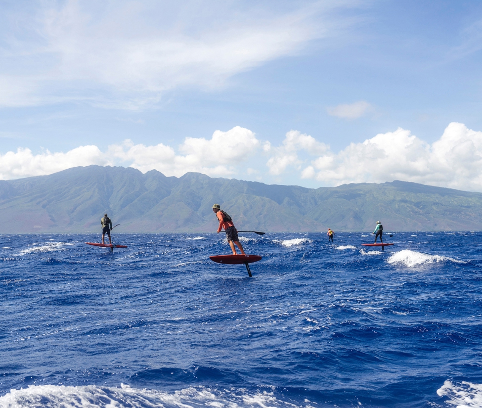 Four people riding hydrofoils in the open ocean.