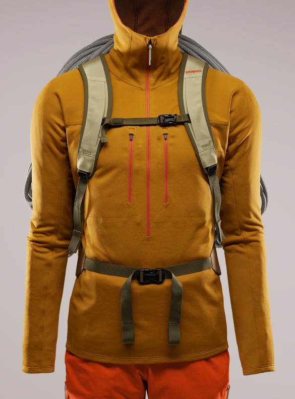 Front view with a climbing harness.