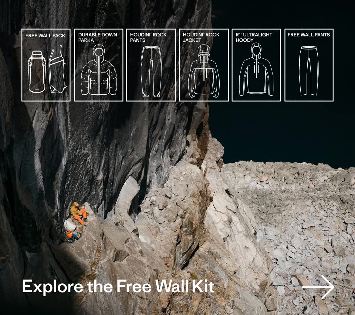 The Free Wall Kit includes the Durable Down Parka, Houdini Rock Jacket, R1 Ultralight Hoody, Free Wall Pack, Houdini Rock Pants and Free Wall Pants.