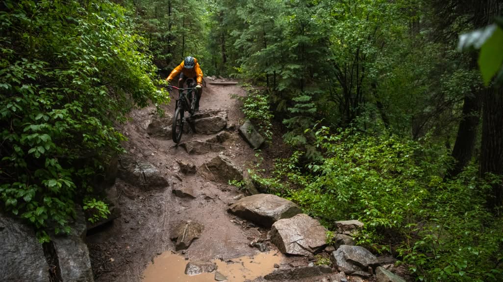 A mountain biker rides a wet trail.