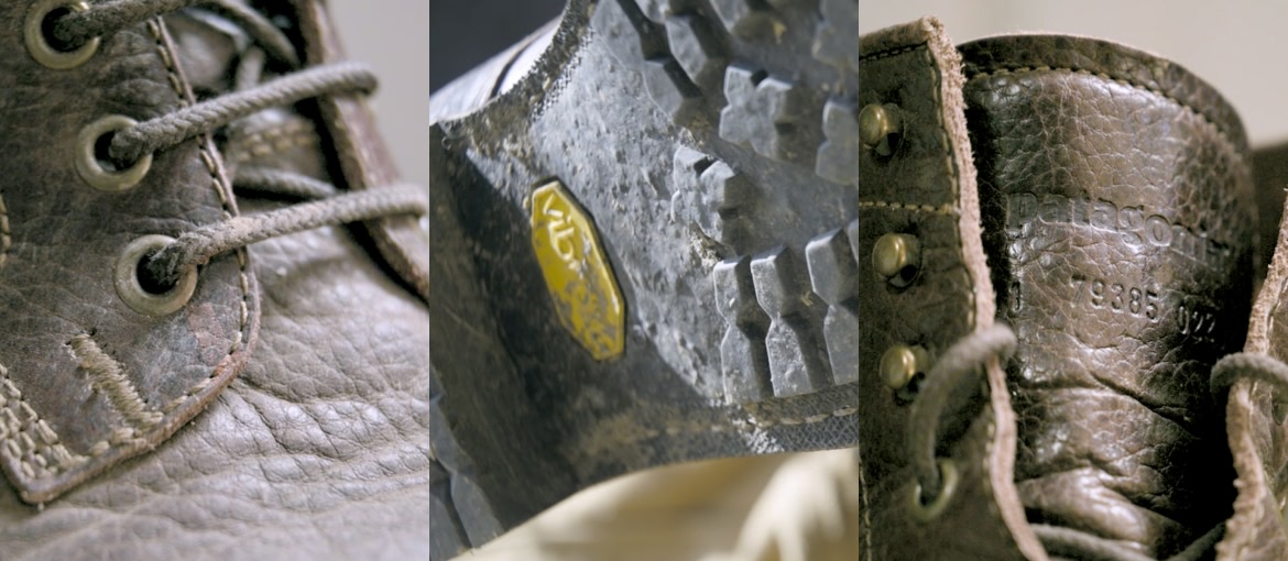 Three closeups of boots showing laces, soles and tongue.