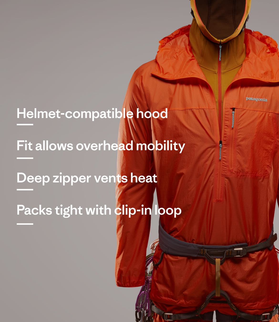 The Houdini Rock Jacket features a helmet-compatible hood, a fit that allows overhead mobility, a deep zipper to vent heat and it packs tight with a clip-in loop.