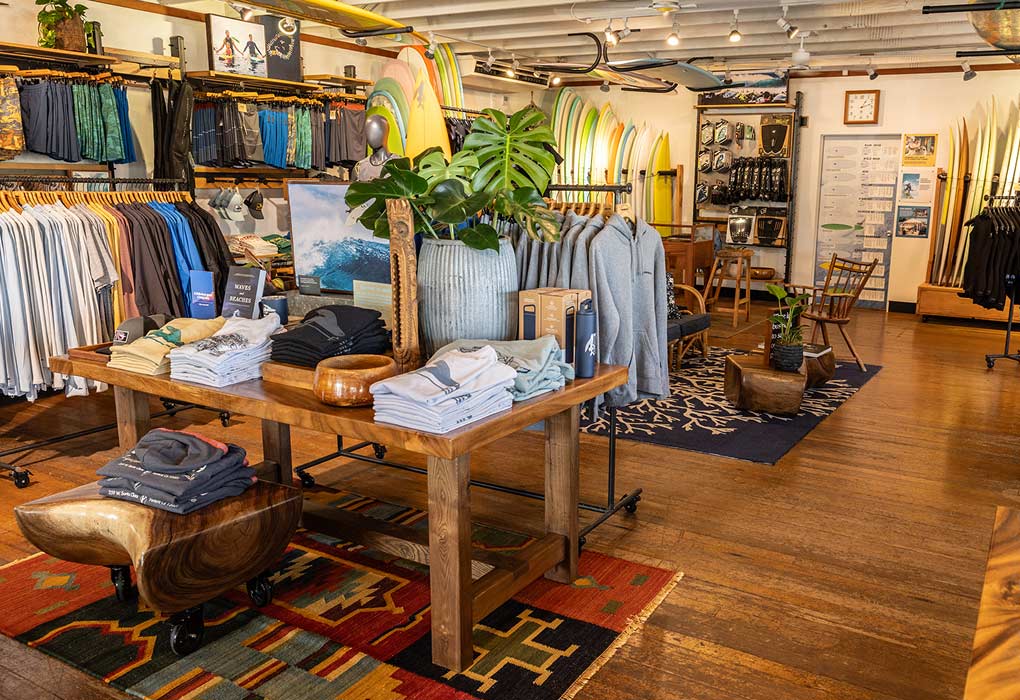 Clothing displays inside a Patagonia retail store.