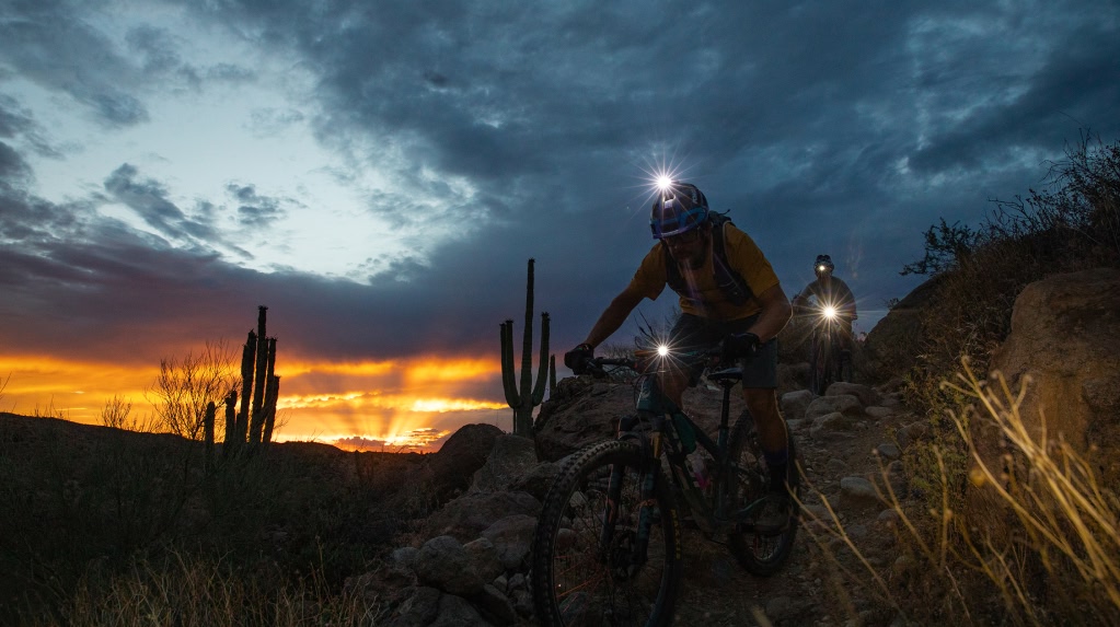 Three mountain bikers ride through the desert at night. They are wearing headlamps and behind them is the setting sun and the shadow forms of cacti.