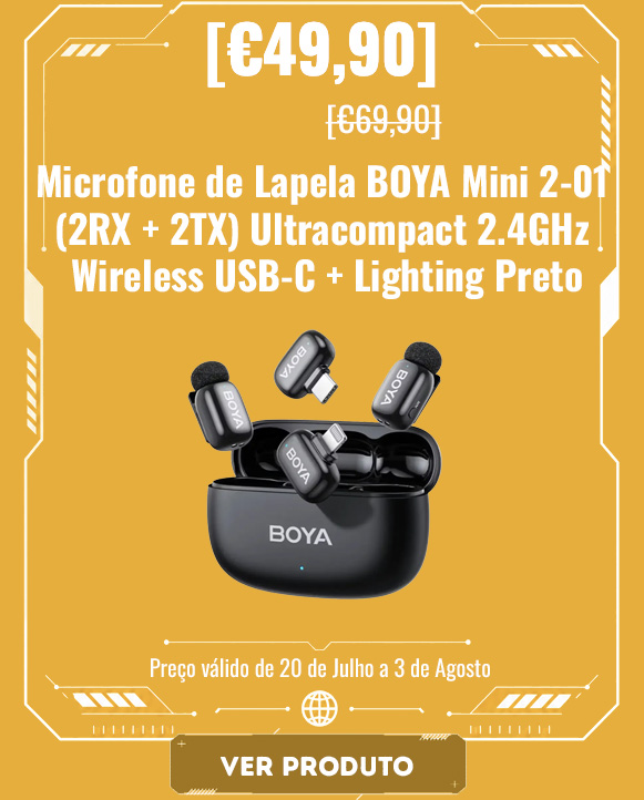 Microfone de Lapela BOYA Mini 2-01 (2RX + 2TX) Ultracompact 2.4GHz Wireless USB-C + Lighting Preto