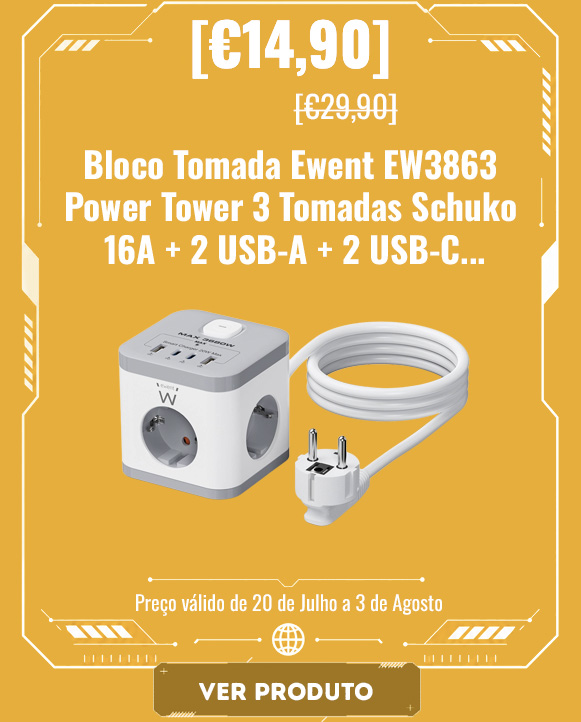 Bloco Tomada Ewent EW3863 Power Tower 3 Tomadas Schuko 16A + 2 USB-A + 2 USB-C 1.5m Branca/Cinza