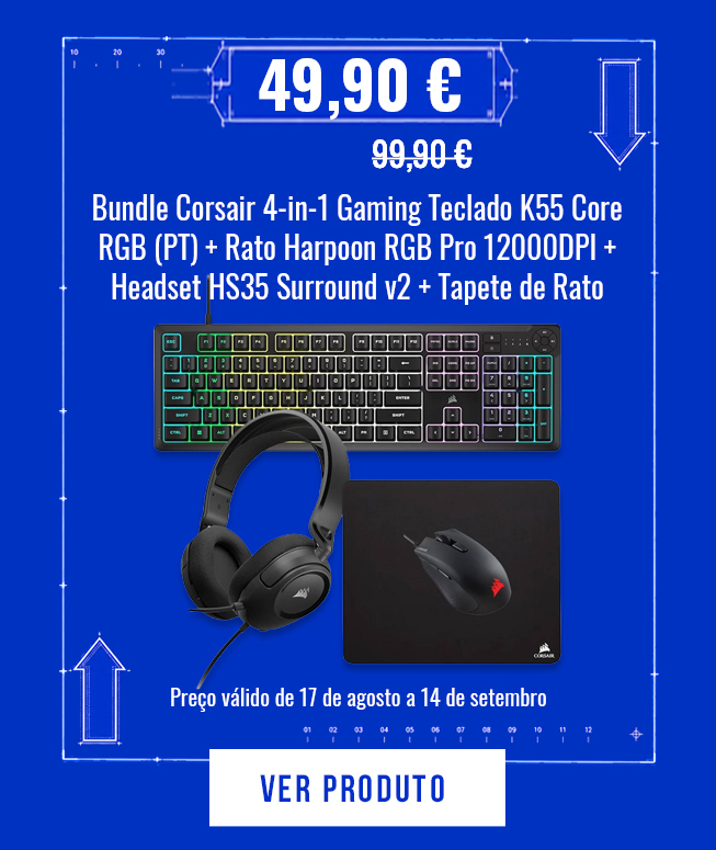 Bundle Corsair 4-in-1 Gaming Teclado K55 Core RGB (PT) + Rato Harpoon RGB Pro 12000DPI + Headset HS35 Surround v2 + Tapete de Rato M