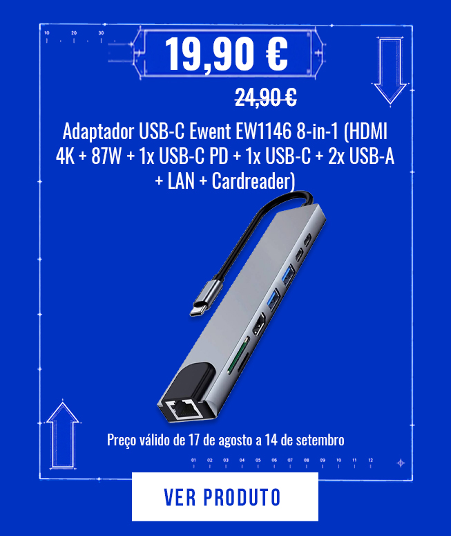 Adaptador USB-C Ewent EW1146 8-in-1 (HDMI 4K + 87W + 1x USB-C PD + 1x USB-C + 2x USB-A + LAN + Cardreader)