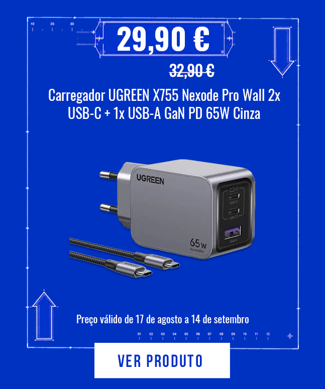 Carregador UGREEN X755 Nexode Pro Wall 2x USB-C + 1x USB-A GaN PD 65W Cinza