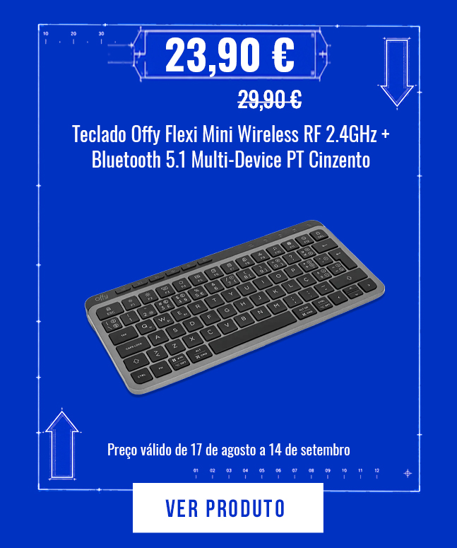 Teclado Offy Flexi Mini Wireless RF 2.4GHz + Bluetooth 5.1 Multi-Device PT Cinzento