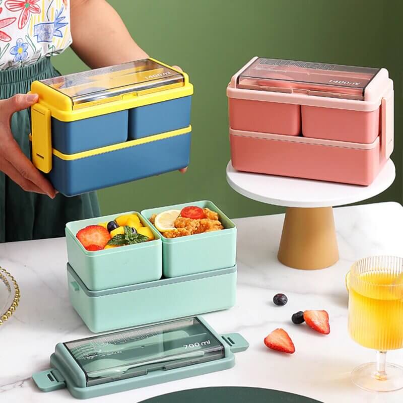 4 In 1 Double Layer Plastic Lunch Box With Cutlery Set