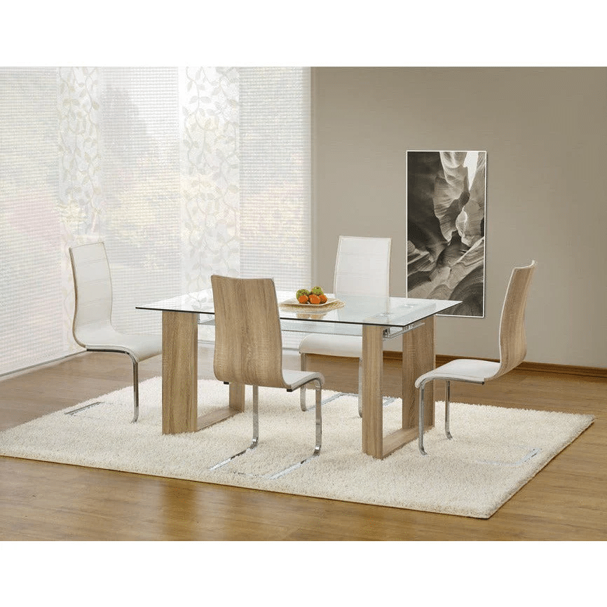 Glass Top with Pale Oak Base Dining Table