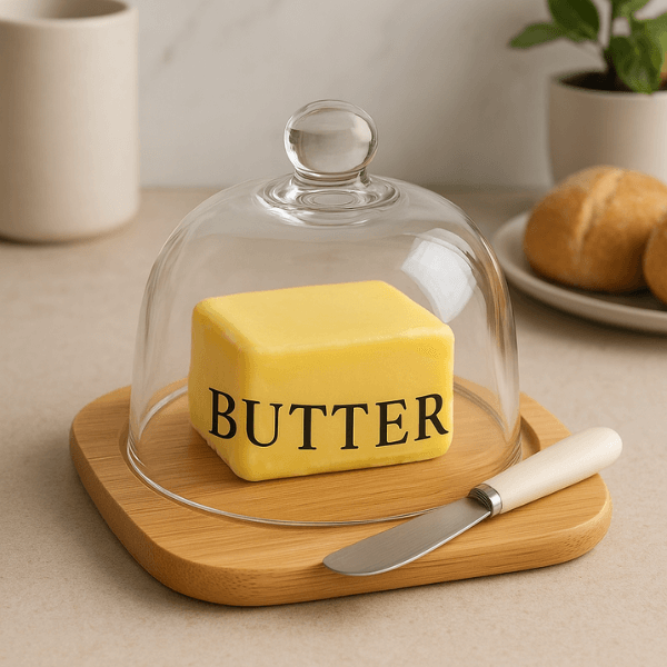 Wooden Butter Dish with Round Glass Lid and Knife