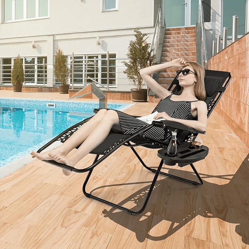 Deluxe Folding Lounger Chair with Headrest and Side Tray