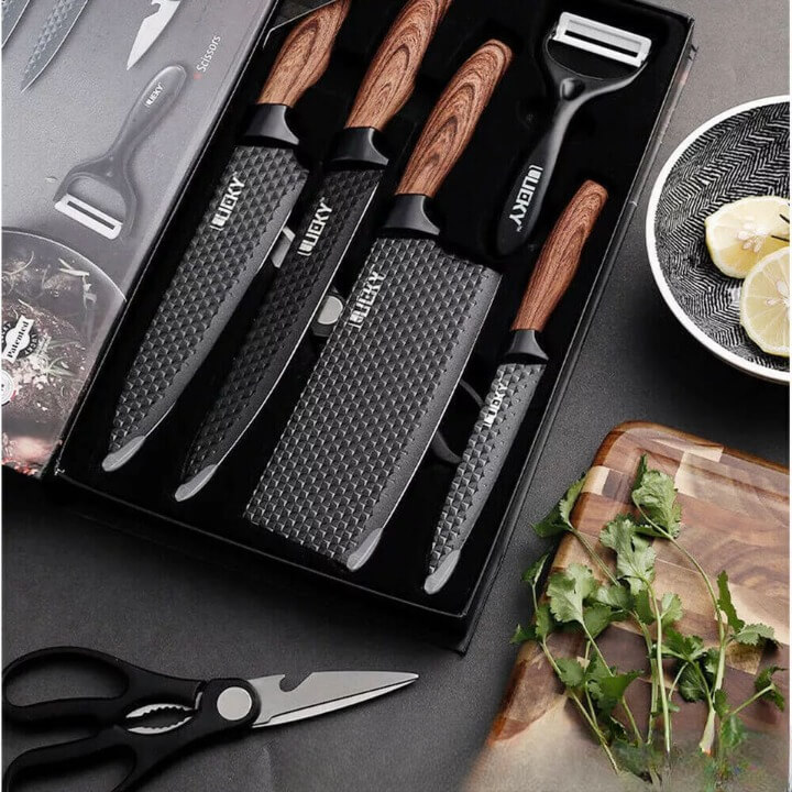 6 Piece Stainless Steel Kitchen Knife Set Japanese Damascus Pattern