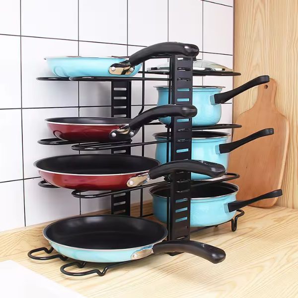 Adjustable Metal Pot and Lid Organizer 8-Tier Kitchen Rack