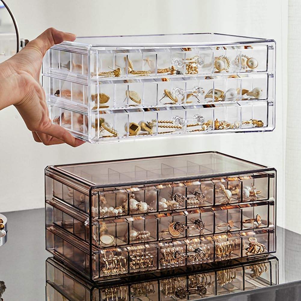 Clear Acrylic 3-Drawer 72-Compartment Jewellery Box