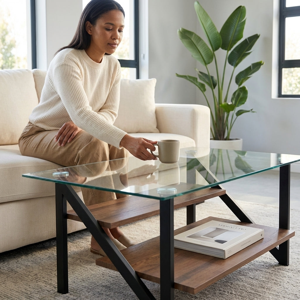 Modern Adjustable 1-Tier or 2-Tier Glass and Wood Coffee Table